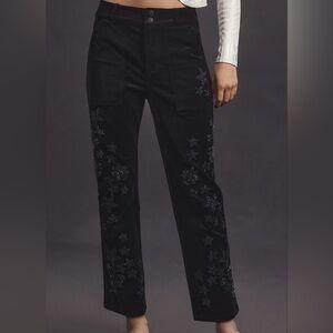 Anthropologie Dark Navy Velvet Pants with Embroidered Stars